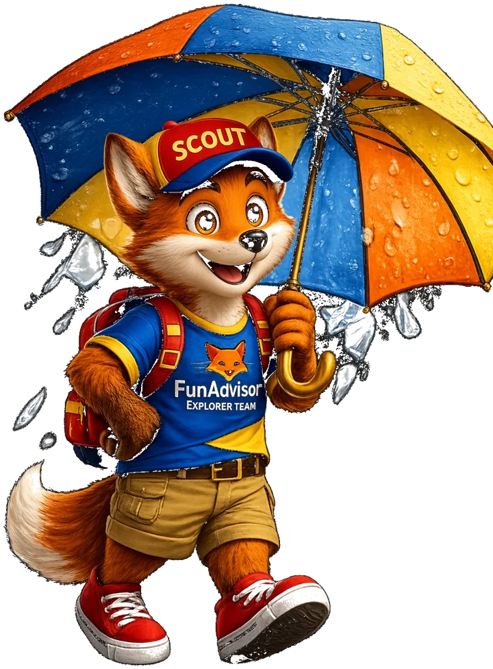 Scout under a colorful umbrella in the rain